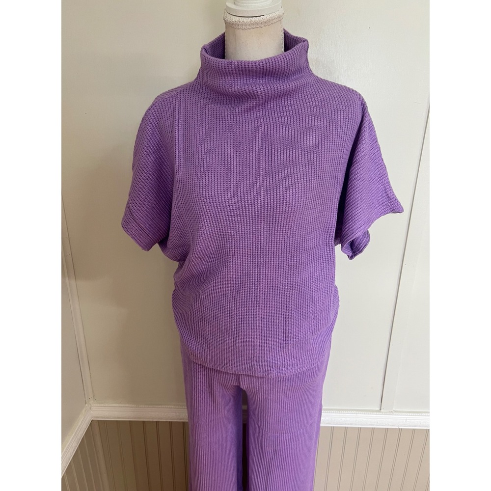 Zenana Womens Purple Waffle Knit 2 Piece Set Mock Neck Top Wide Leg Pants Small - Picture 7 of 15